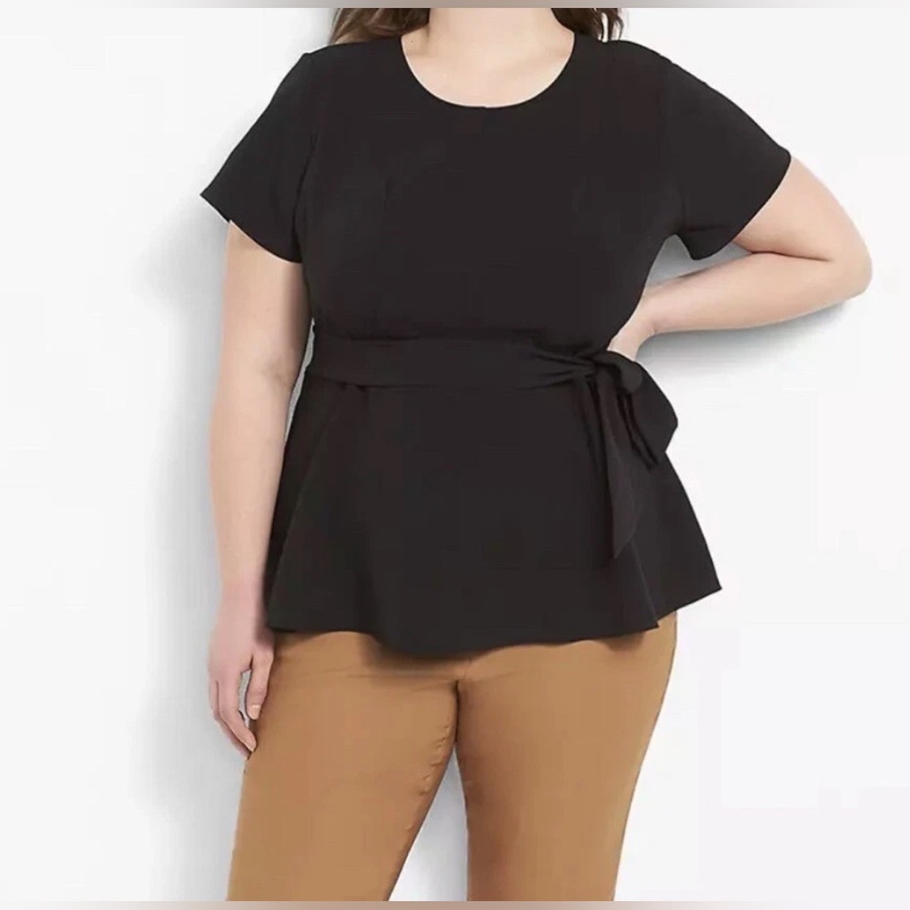 Lane Bryant SZ 24P‎ (PETITE/PLUS) Black Fitted Short Sleeve Blouse Self Tie Belt